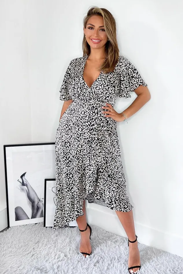 AX Paris Black And White Printed Frill Hem Short Sleeve Midi Dress Women Dresses