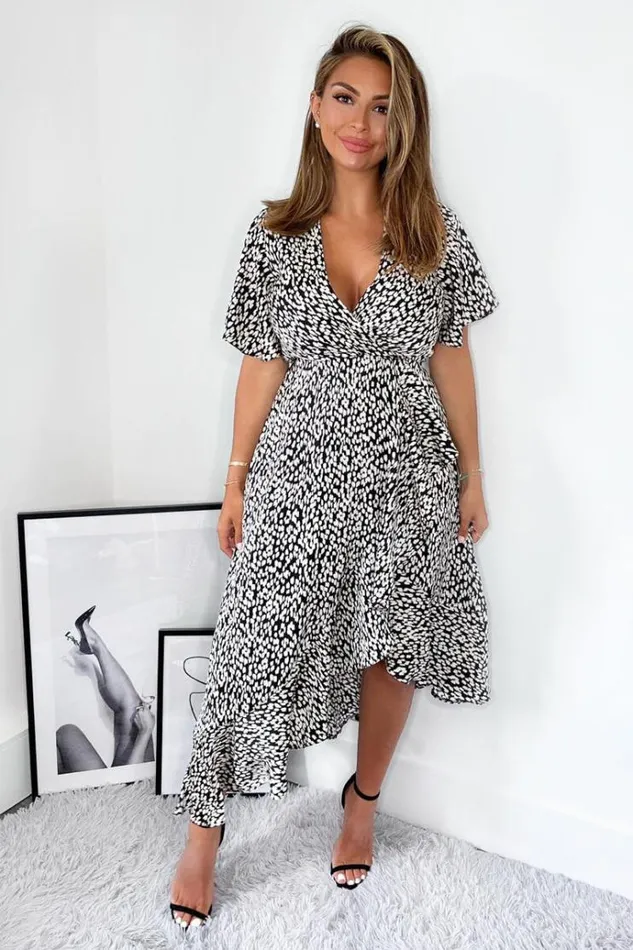 AX Paris Black And White Printed Frill Hem Short Sleeve Midi Dress Women Dresses