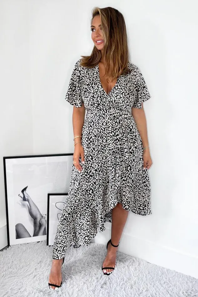 AX Paris Black And White Printed Frill Hem Short Sleeve Midi Dress Women Dresses