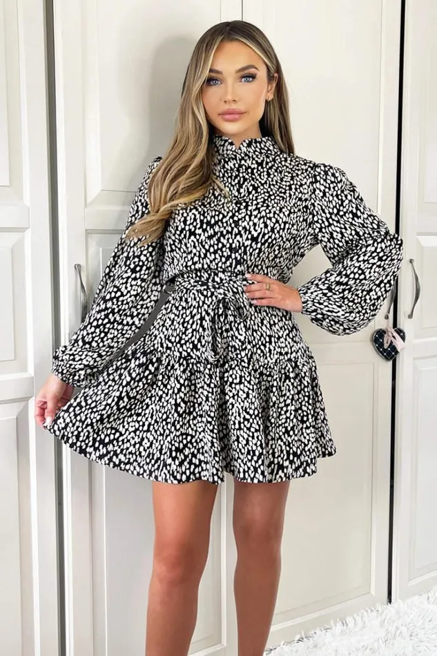 AX Paris Black And White Printed High Neck Button Front Mini Dress Women Dresses AX Paris Black And White Printed High Neck Button Front Mini Dress Women Dresses