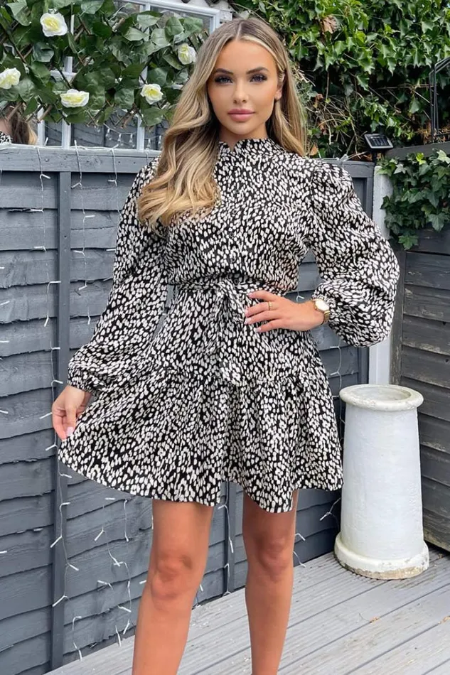 AX Paris Black And White Printed High Neck Button Front Mini Dress Women Dresses
