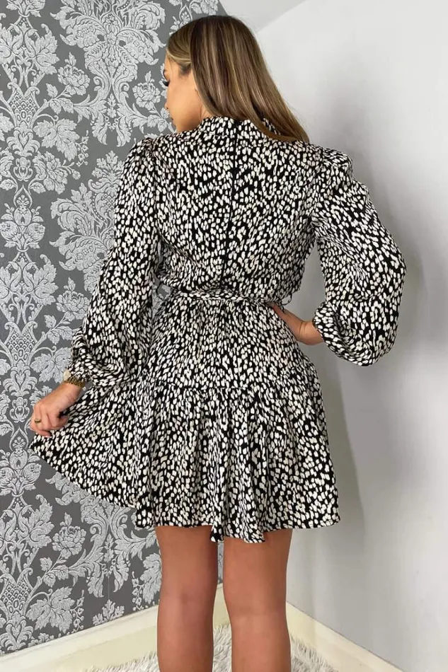 AX Paris Black And White Printed High Neck Button Front Mini Dress Women Dresses