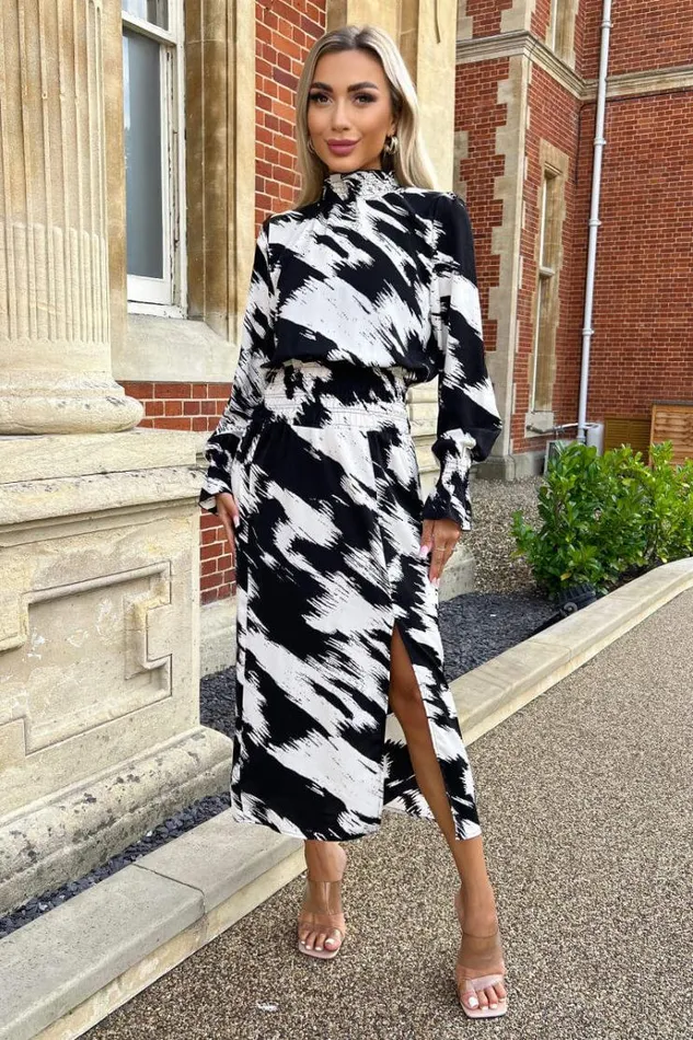 AX Paris Black And White Printed Shirred Detail Midi Dress Women Dresses