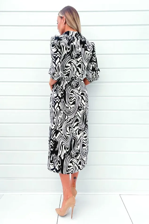 AX Paris Black And White Printed Tie Waist Midi Shirt Dress Women Dresses
