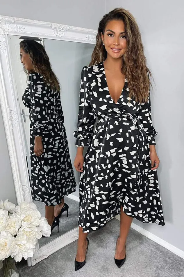 AX Paris Black And White Printed Wrap Midi Dress Women Dresses