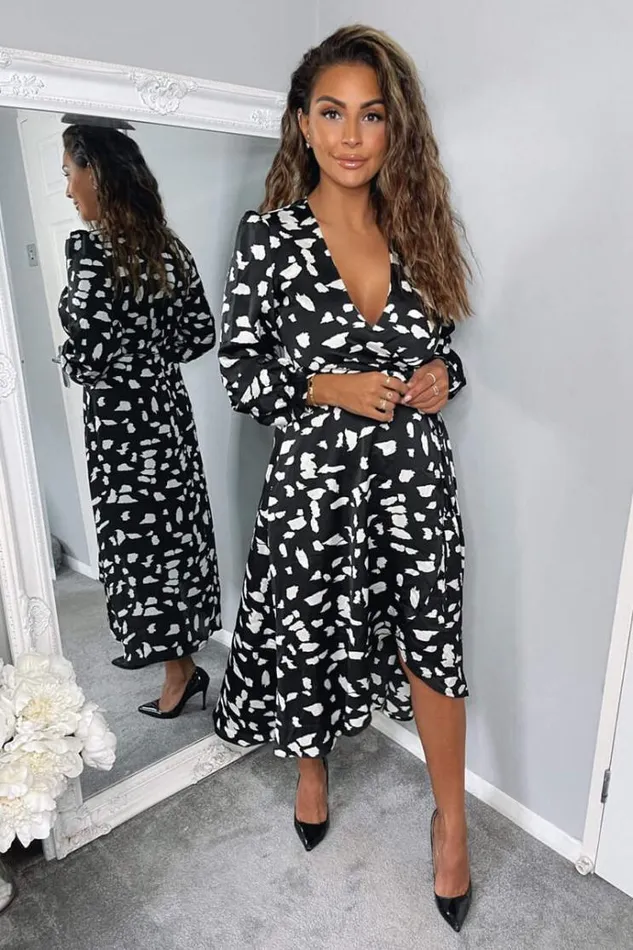 AX Paris Black And White Printed Wrap Midi Dress Women Dresses
