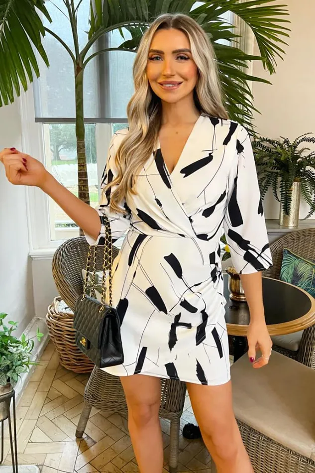 AX Paris Black And White Printed Wrap Top Mini Dress Women Dresses