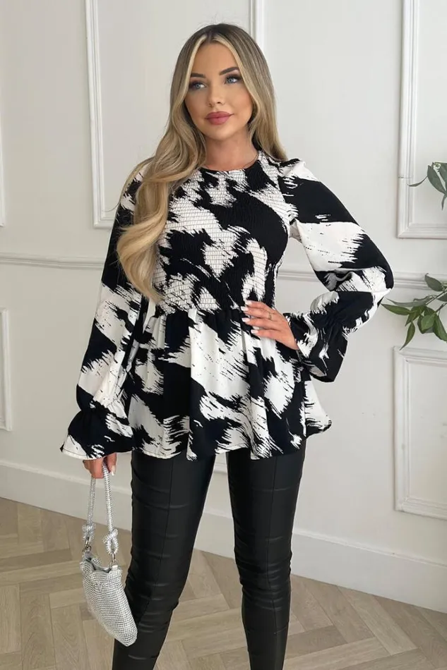 AX Paris Black And White Shirred Body Long Sleeve Top Women Tops