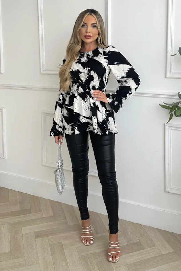 AX Paris Black And White Shirred Body Long Sleeve Top Women Tops