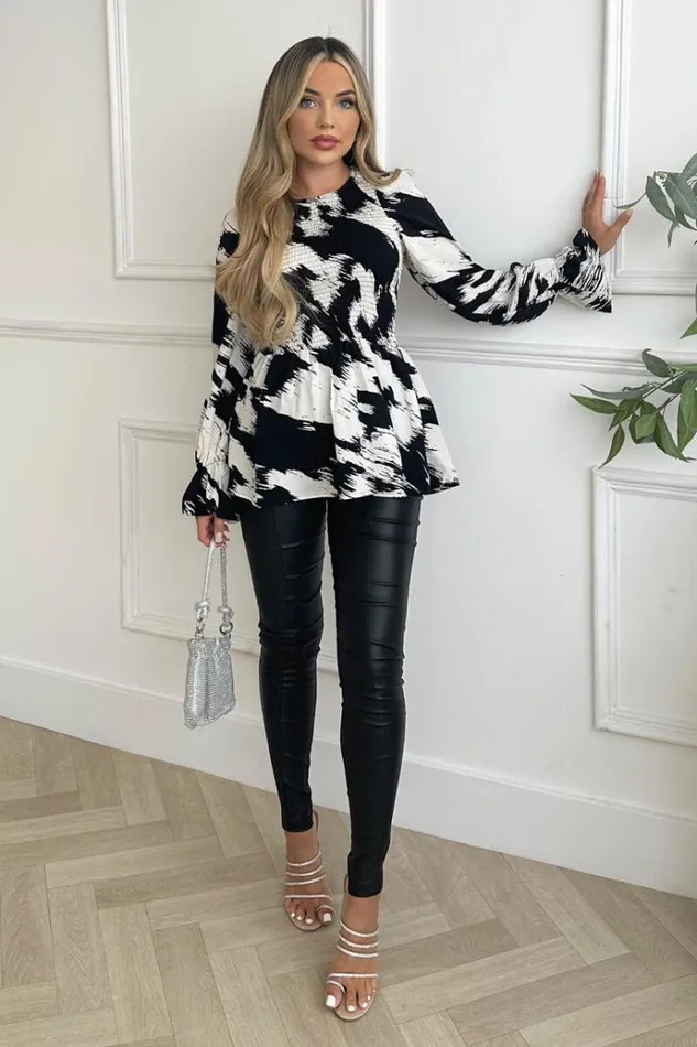 AX Paris Black And White Shirred Body Long Sleeve Top Women Tops