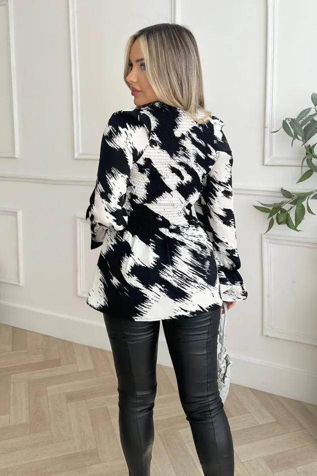 AX Paris Black And White Shirred Body Long Sleeve Top Women Tops
