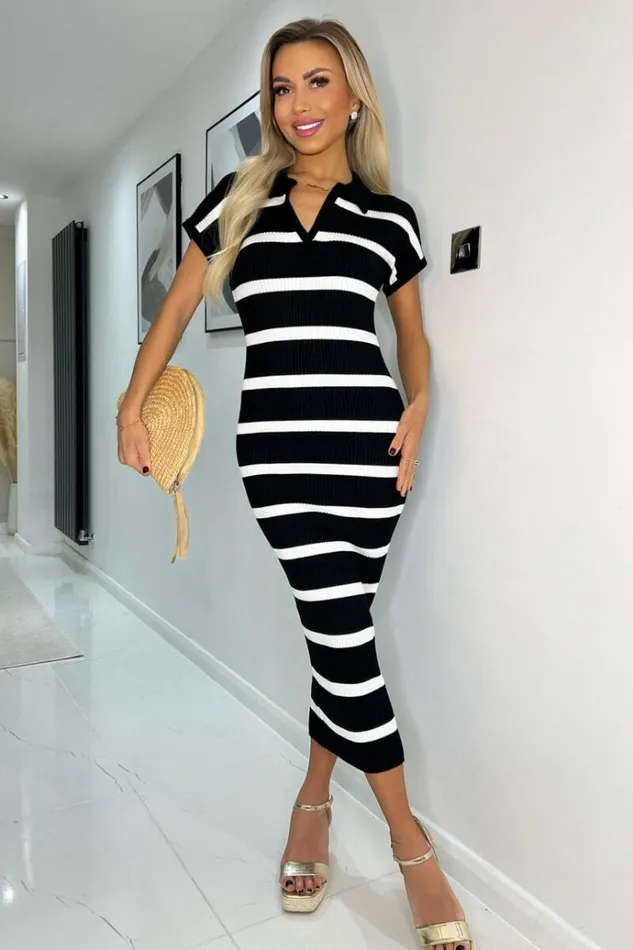 AX Paris Black And White Striped Short Sleeve Ribbed Midi Dress Women Dresses