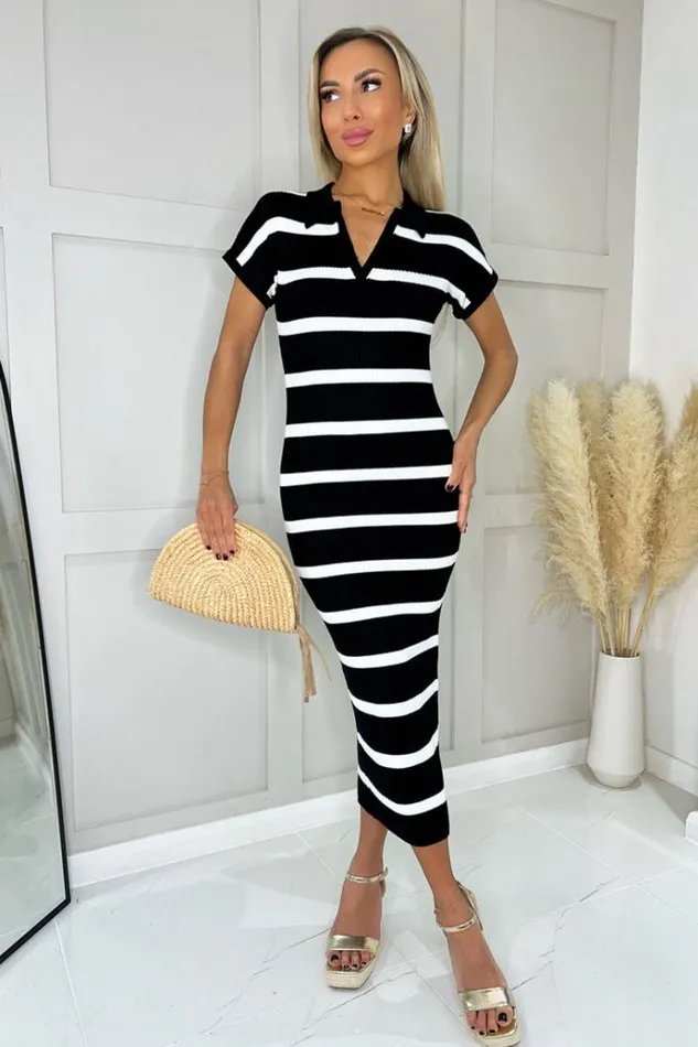 AX Paris Black And White Striped Short Sleeve Ribbed Midi Dress Women Dresses