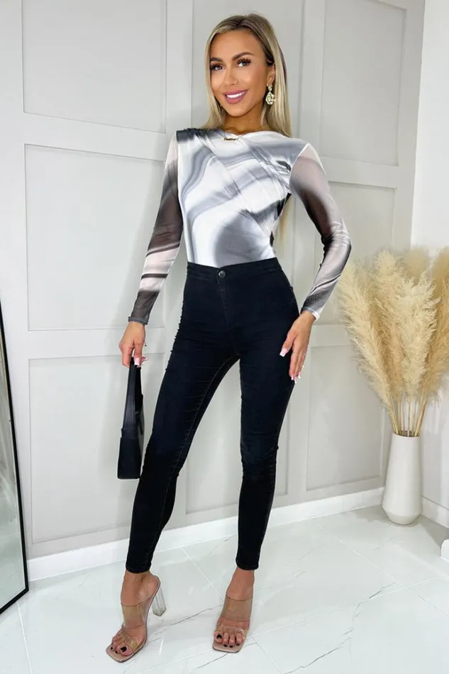 AX Paris Black And White Wave Print Mesh Long Sleeve Bodysuit Women Bodysuits