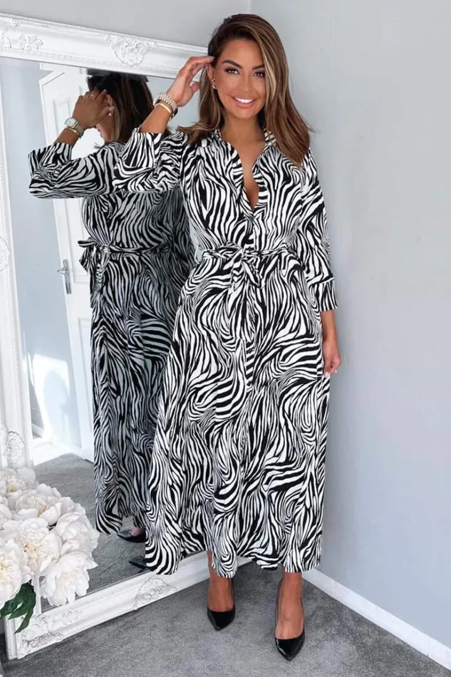 AX Paris Black And White Zebra Print Midi Shirt Dress Women Dresses