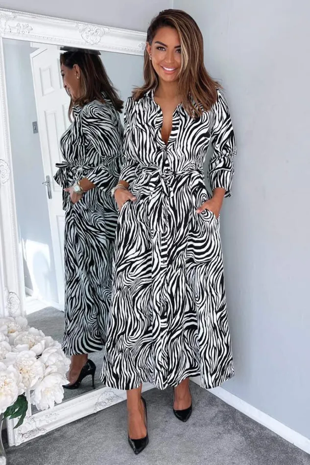 AX Paris Black And White Zebra Print Midi Shirt Dress Women Dresses