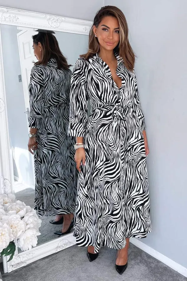 AX Paris Black And White Zebra Print Midi Shirt Dress Women Dresses