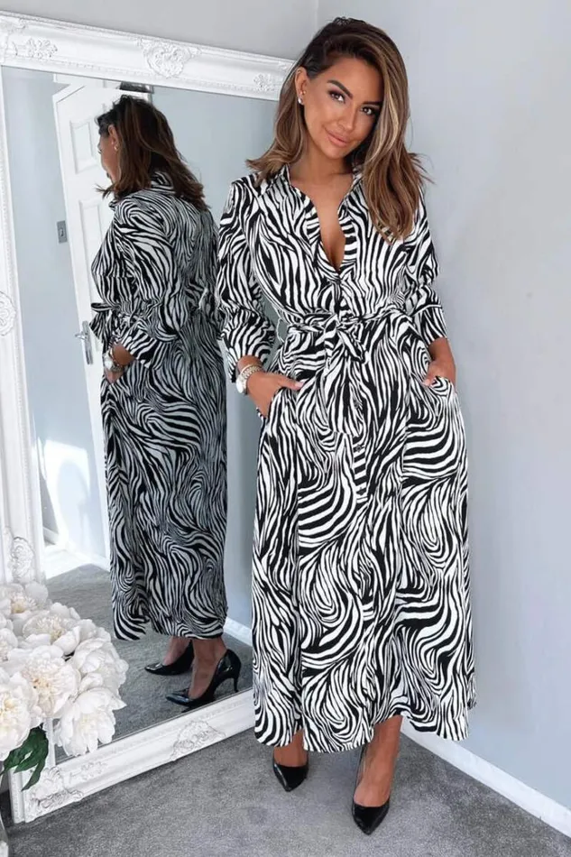 AX Paris Black And White Zebra Print Midi Shirt Dress Women Dresses