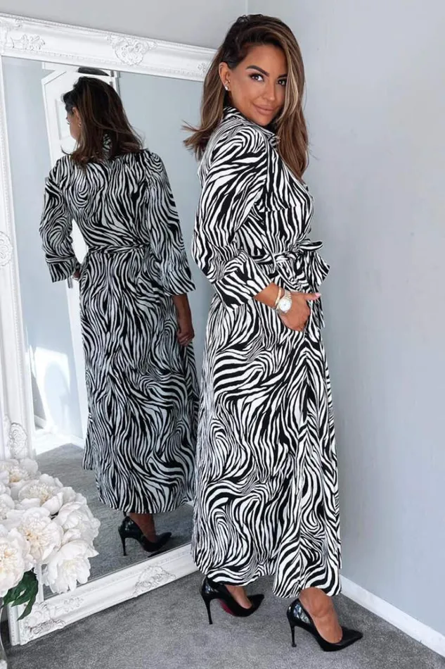 AX Paris Black And White Zebra Print Midi Shirt Dress Women Dresses