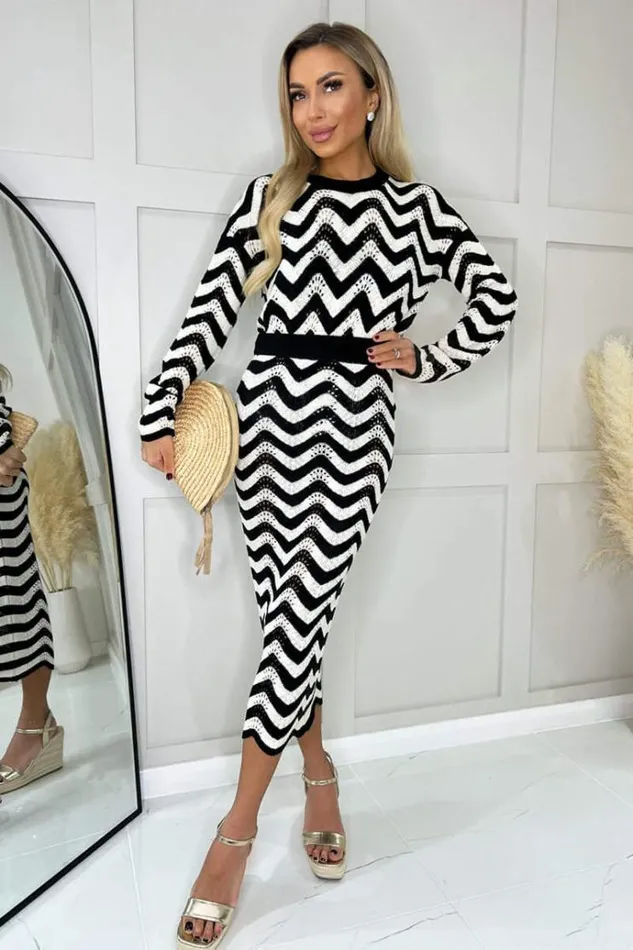 AX Paris Black And White Zig Zag Crochet Midi Skirt Women Knitwear
