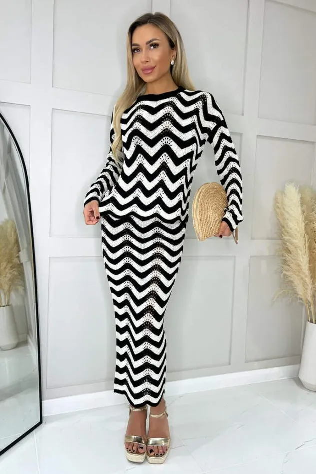 AX Paris Black And White Zig Zag Crochet Midi Skirt Women Knitwear