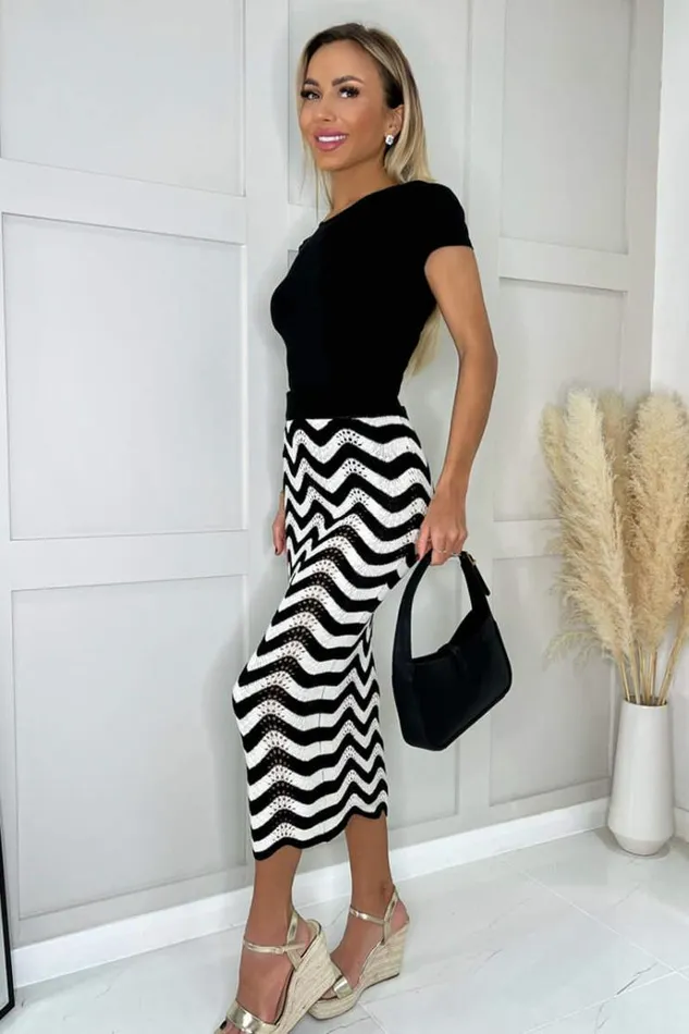 AX Paris Black And White Zig Zag Crochet Midi Skirt Women Knitwear