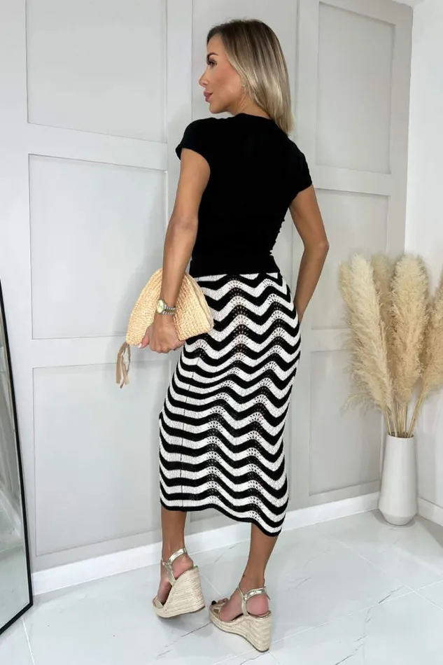 AX Paris Black And White Zig Zag Crochet Midi Skirt Women Knitwear