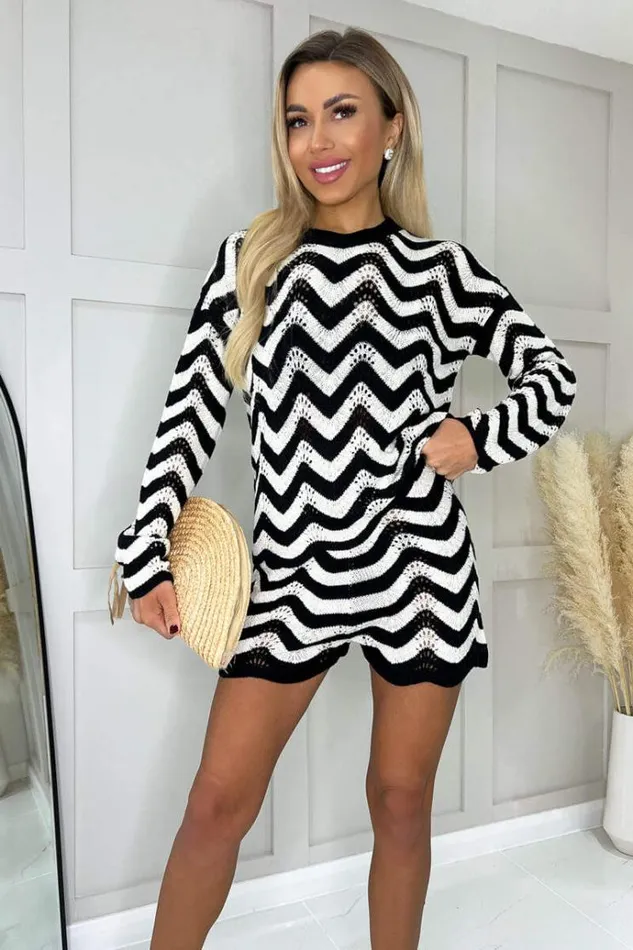 AX Paris Black And White Zig Zag Crochet Shorts Women Trousers and Leggings