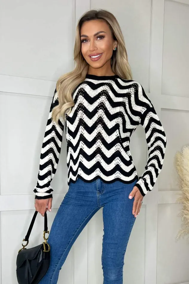AX Paris Black And White Zig Zag Long Sleeve Crochet Top Women Tops
