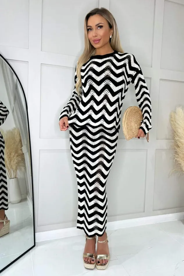 AX Paris Black And White Zig Zag Long Sleeve Crochet Top Women Tops