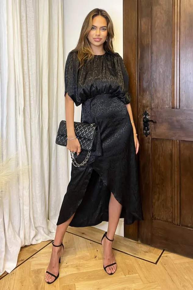 AX Paris Black Animal Print Batwing Gathered Top Midi Dress Women Dresses