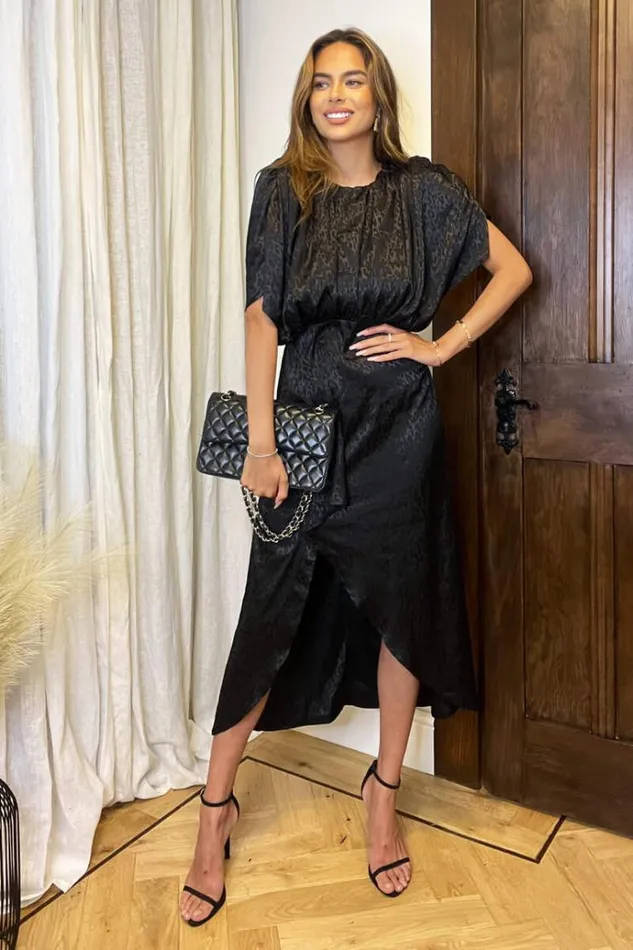 AX Paris Black Animal Print Batwing Gathered Top Midi Dress Women Dresses