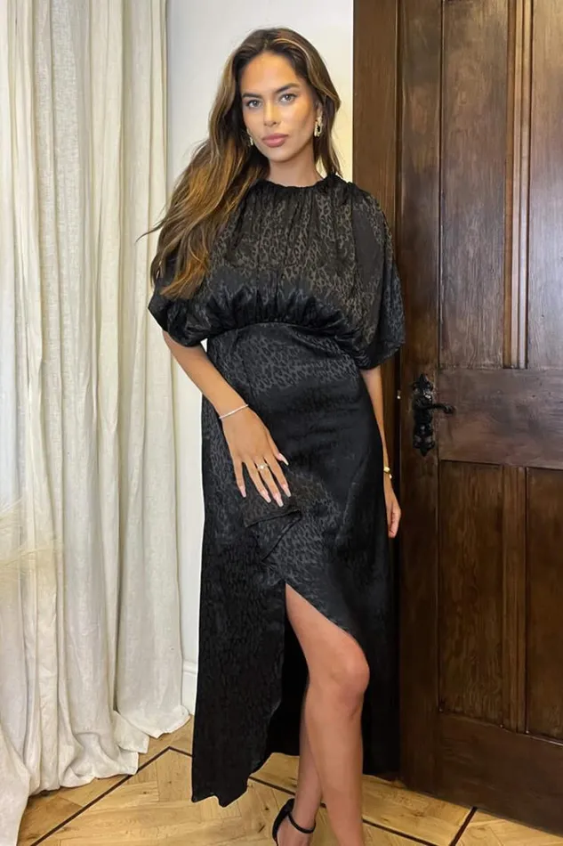AX Paris Black Animal Print Batwing Gathered Top Midi Dress Women Dresses