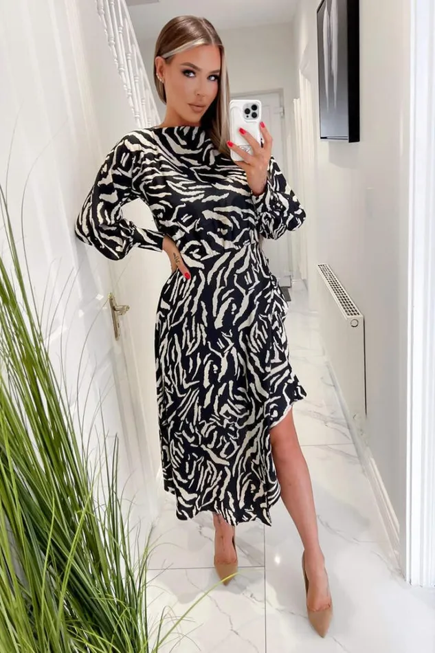 AX Paris Black Animal Print High Low Skirt Midi Dress Women Dresses