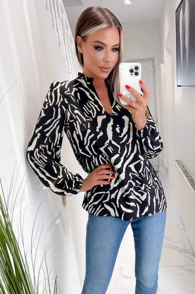 AX Paris Black Animal Print Ruffle Neck Long Sleeve Top Women Tops