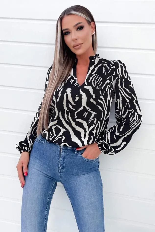 AX Paris Black Animal Print Ruffle Neck Long Sleeve Top Women Tops