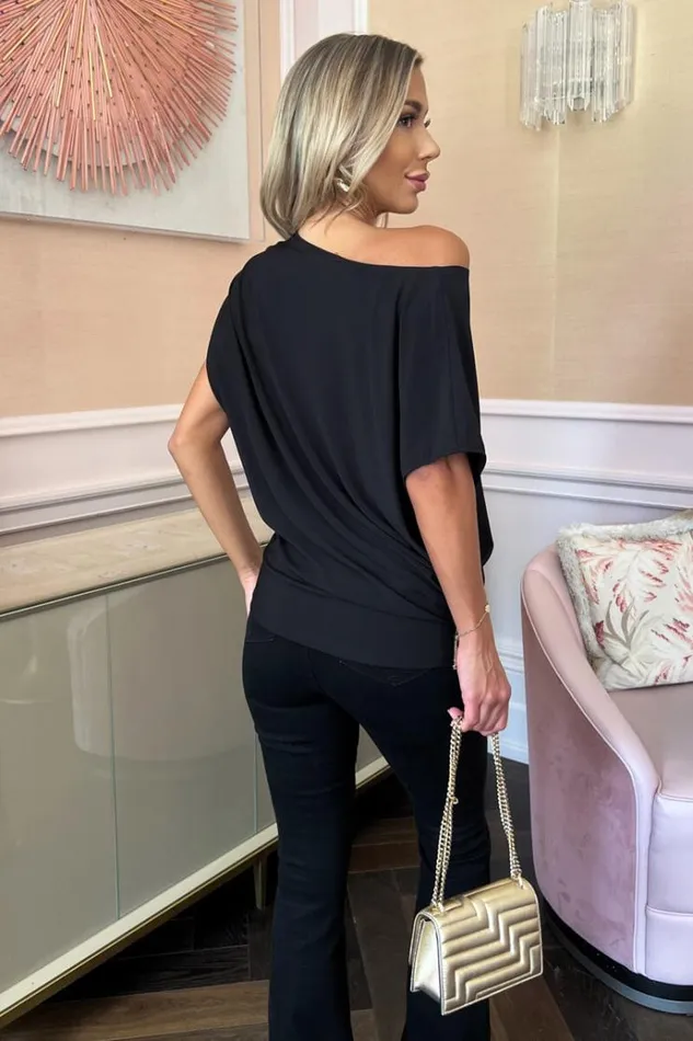 AX Paris Black Asymmetric Draped Top Women Tops