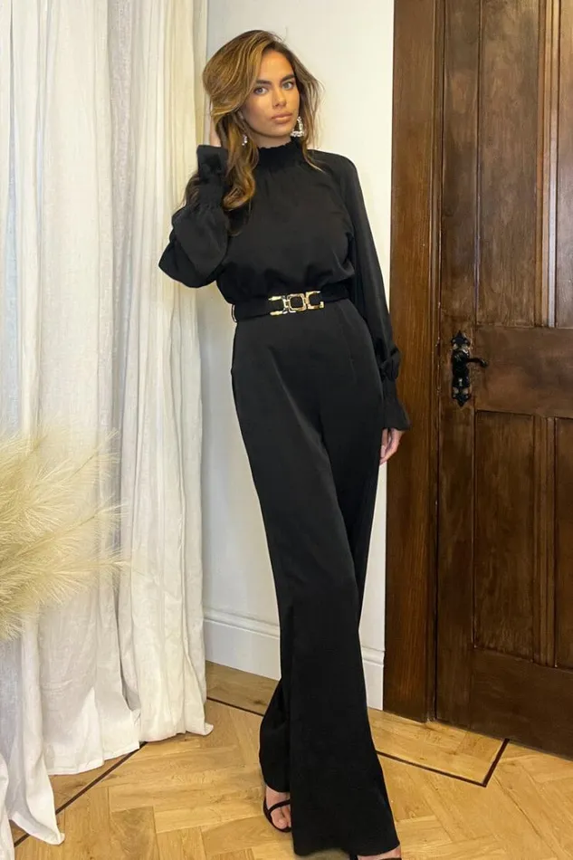 AX Paris Black Belted Frill Cuff Sleeve Jumpsuit Women Jumpsuits And Playsuits