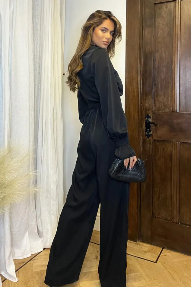 AX Paris Black Belted Frill Cuff Sleeve Jumpsuit Women Jumpsuits And Playsuits