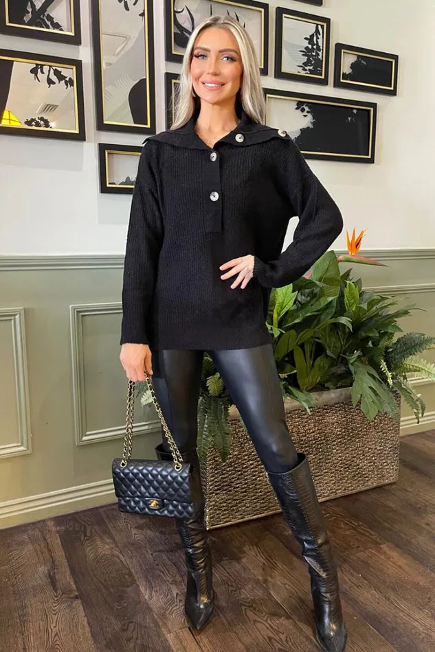 AX Paris Black Button Up Knit Jumper Women Knitwear