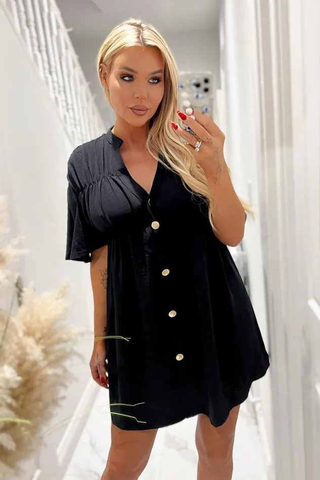 AX Paris Black Button Up Ruched Detail Smock VNeck Dress Women Dresses