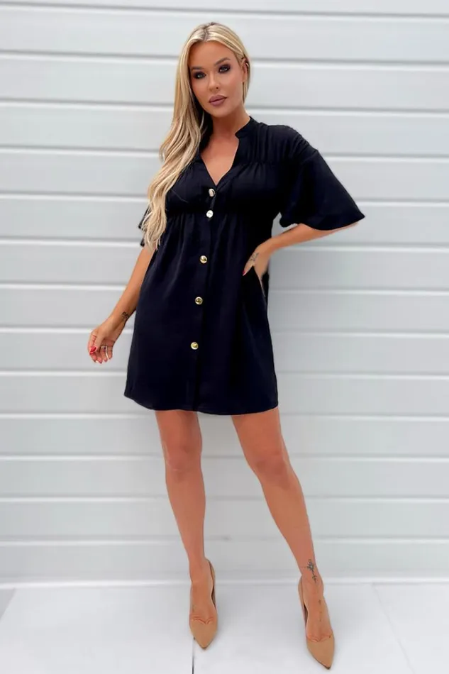 AX Paris Black Button Up Ruched Detail Smock VNeck Dress Women Dresses