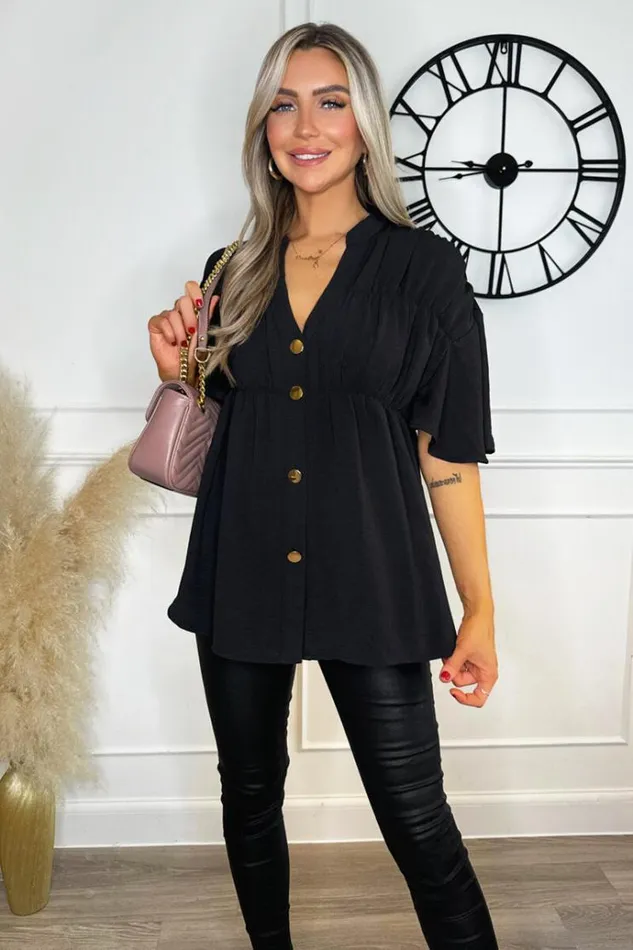 AX Paris Black Button Up Ruched Detail Smock VNeck Top Women Tops