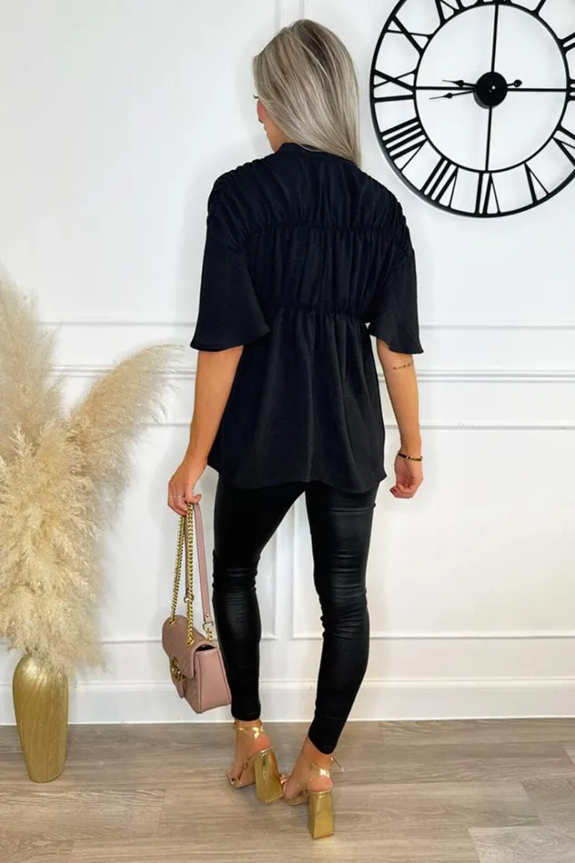 AX Paris Black Button Up Ruched Detail Smock VNeck Top Women Tops