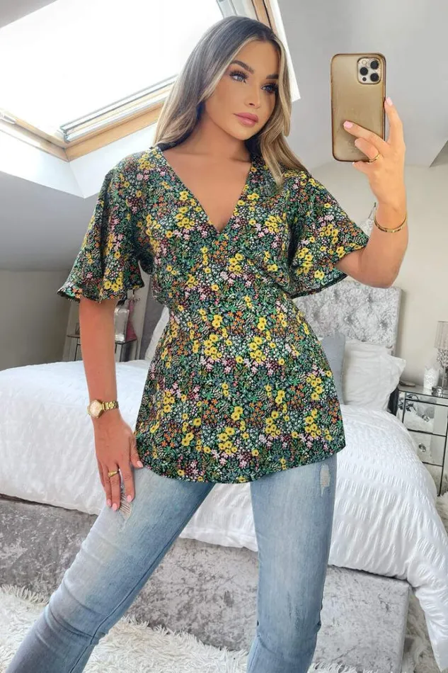 AX Paris Black Ditsy Floral Printed Short Sleeve Top Women Tops