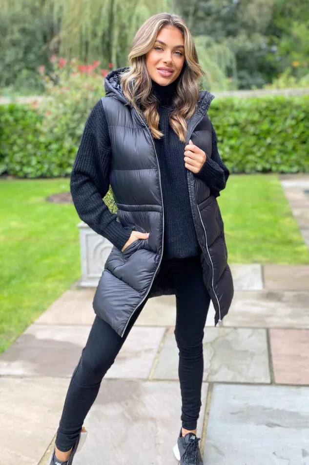 AX Paris Black Drawstring Hooded Gilet Women Coats and Jackets