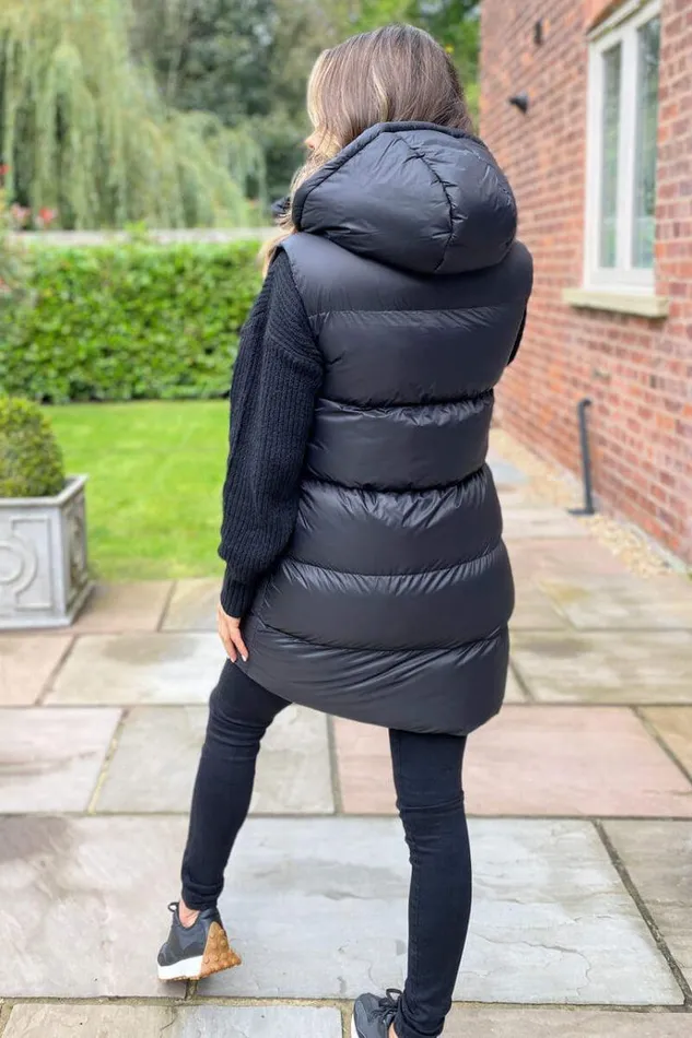 AX Paris Black Drawstring Hooded Gilet Women Coats and Jackets