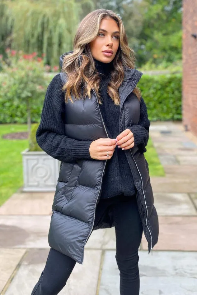 AX Paris Black Drawstring Hooded Gilet Women Coats and Jackets