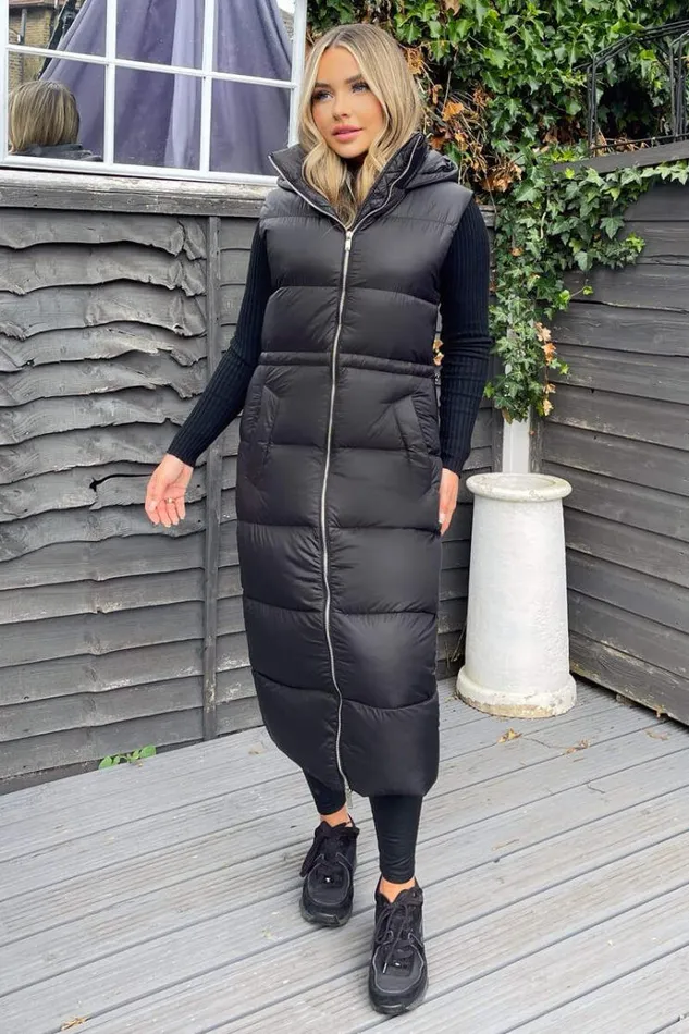 AX Paris Black Drawstring Waist Puffer Gilet Women Coats and Jackets