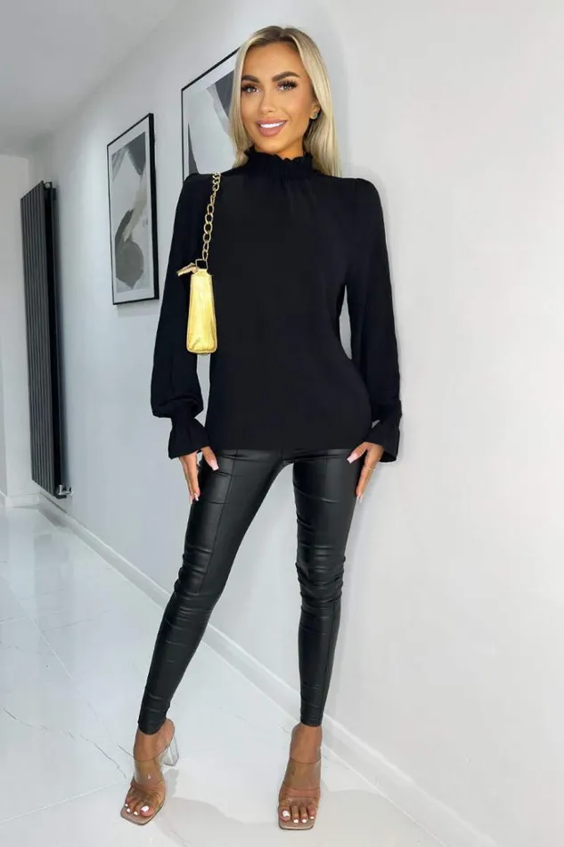AX Paris Black Elasticated Cuff And Neck Long Sleeve Top Women Tops